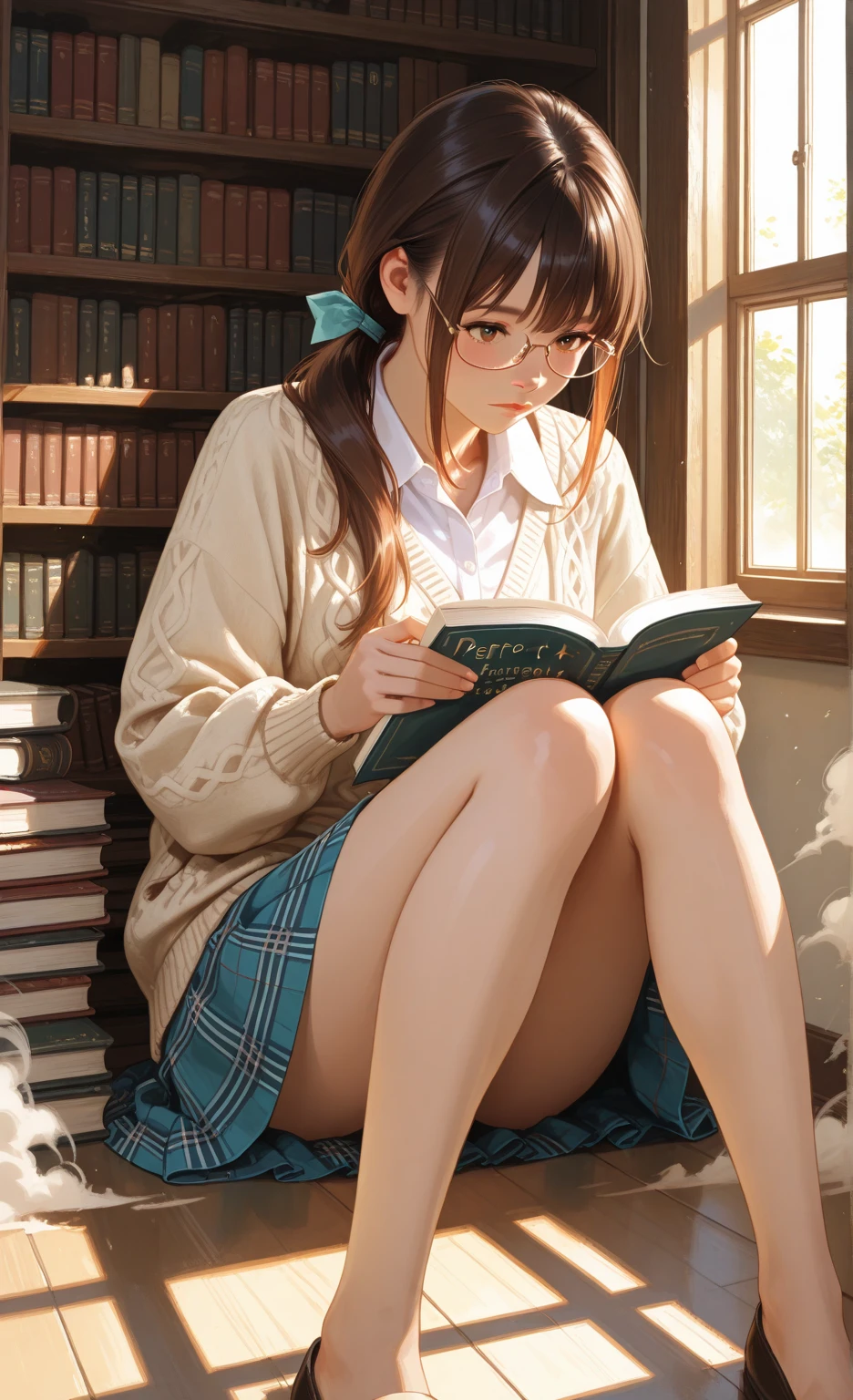 8K分辨率、Ultra-high-definition CG images、1girl in, (Sitting on the grass leaning against a tree, Reading a book, Knees together, Feet apart, up skirt, (hairy:1.1), (Pubic hair:1.1), (view from front, low angles), Onepiece, Detailed, morning, Sunrise, High resolution, ultra-quality, Super masterpiece, Colored leaves,