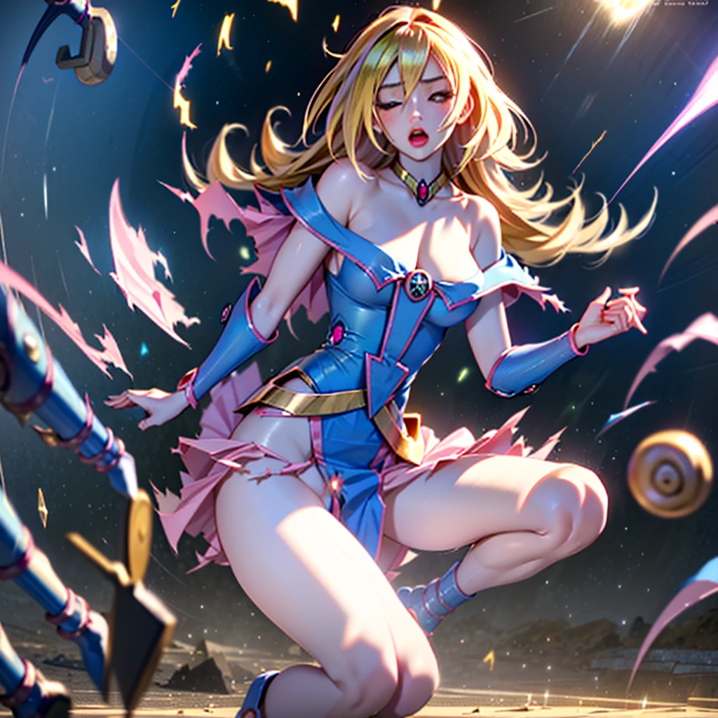 (masterpiece:1.2), (The best quality:1.2), perfect lighting, Dark Magician Girl casting a spell, floating in the air, big tits, neckline, magic background. Transparent hearts in the air, blue robe, big hat, from above, Sparkles, Yugioh Card in the background