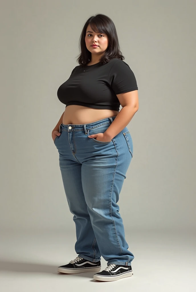 Create a futanari girl with white rain boots and with big breasts and buttocks with tight jeans and a shirt where you can see her bra and that shows her big penis