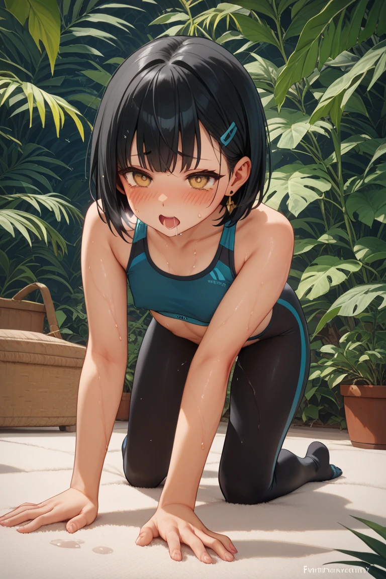 Japanese women、Black Hair、Short Bob、Visible nipples、small size of breasts、Flat Chest、Painful face、it hurts、Woman urinating outdoors、Sweat、Black Swimsuit、barefoot、On all fours、Spread your legs、Spread your legs、Electric shock、Thick eyebrows