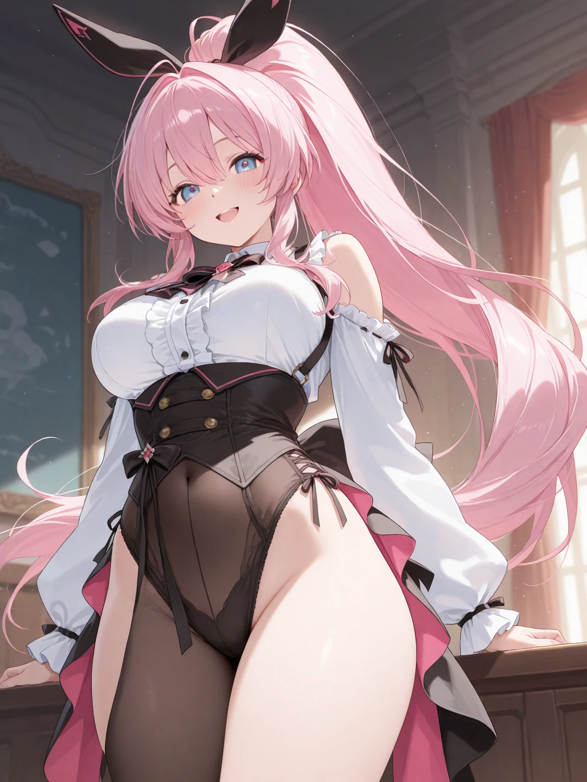 highest quality、Ultra-high resolution、Anatomically correct human body、Perfect human body、Clear lines、Two Arms、Two legs、((Five Fingers))、Delicate fingers、Low angle shot:1.5、((Showing panties:1.5))、((Light pink hair:1.4))、((White sexy silk panties))、((Her tiny thong panties are tucked between her legs))、((Panties close up:1.4))、((Very large, Firm breasts:1.4))、((Close up of open legs:1.5))、((Shiny light pink nipples:1.4))、((Looking up:1.3))、((An inviting look:1.3))、((She narrows her eyes and smiles very gently:1.3))、Bob hair up to the shoulders、Delicate hair type、fluffyの髪、Curly Hair、Braided hair、Silk maid outfit、Maid clothes with wide open chest、White silk knee socks、A cute and beautiful face down to the last detail、(PurerosFace_v1:0.008)、eyeliner、blush、Embarrassing、Glare、 Glossy lips: 1.4、Sweaty, shiny skin、Panty Appeal、Panties close up:1.3、blush、Open your knees、Spread your legs、Disheveled clothes、Bright green eyes、Cute ribbon、Shiny gold leather high heels、Stiletto heels、transparent、Glowing White Skin、Sweaty chest、Bell earrings、Shining bright colors、Clear contours、Floral Hair Accessories、Small white gloves made of thin silk、stylish、kind、soft、High-end furniture、stylishな編み込み髪、Scrunchies on the wrist、Ribbon with bell around neck、Big eyes、Silky smooth texture、Color unification、Luxurious canopy bed、Clean the nose、garter belt、Droopy eyes、Light blush on the cheeks、Put one hand over your mouth、Midday sunlight filtering through lace curtains、Bright interior、happiness、はっきりとしたBig eyes、Bright expression、M-shaped foot、Arabic style columns、Tilt your head、Laugh gently、非常にDelicate fingers先、Detailed and vibrantly colored floral wallpaper、Tea set、A small gold watch on one wrist、The leather corsets、Eyes that shine like jewels、Symmetry in clothing、fluffy、Finest Silk、attractive appearance、Please open your mouth a little、Burberry style check、明るいピンクColor unification感、Emphasizing the depth of the human body、Sharp camera angles、See-through、フリルの付いたfluffyの可愛い白いエプロン、