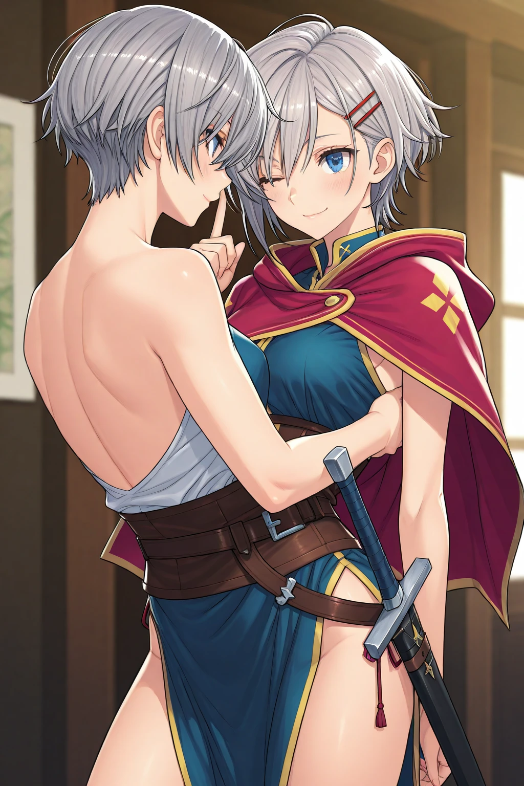 ((ultra detailed)) a boy with white hair,
, blue eyes with a ((brown cape ))that covers his entire body, except his head, ((he carries a black katana with flowers)), shy smile, castle background made with precious gems  {{sex con  girl demon}} {{sex}}