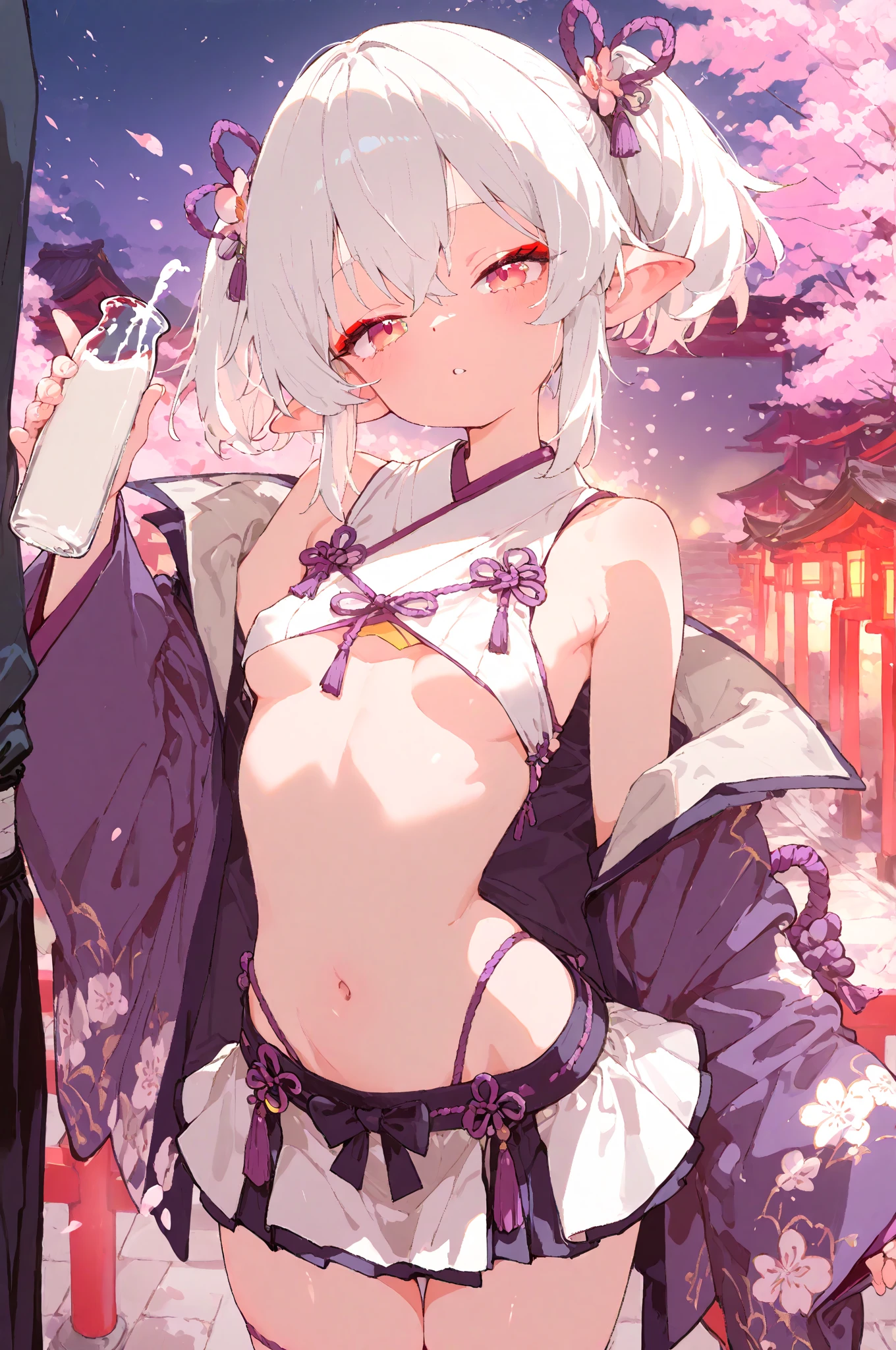 1girl,solo,cowboy shot,standing,(white hair:1.6),(short hair:1.2),hair over one eye,ribbon trim, hair ribbon, x hair ornament,(red eyes:1.4),(beautiful fingers:1.4),(perfect anatomy:1.6),(arms_behind_back:1.6),(cold_shoulder:1.2),(gold kimono:1.6),(silk lace glossy lamé:1.4),(latex luster shiny glossy:1.6),(shiny_clothes:1.6),small breasts,(thin thighs:1.6),(gold thigh boots:1.4),(masterpiece),best quality,(Ultra high definition eyes:1.2),8k,(Beautiful detailed eyes:1.2),(Fine and beautiful eyes:1.2),(pretty eyes:1.2),finely detail,extremely CG, absurdres,high resolution,illustration,Detailed and beautiful outlines,finely detail,high resolution,(colorful refraction:1.4,Increase saturation:1.2),beautiful lighting,dynamic lighting,closed room,black background,simple background, smile,looking at viewer,ram1,ram \(re:zero\), white thighhighs, maid headdress, garter straps, black ribbon, long sleeves, neck ribbon, purple ribbon, wide sleeves, hair flower,(sheer sleeves:1.6