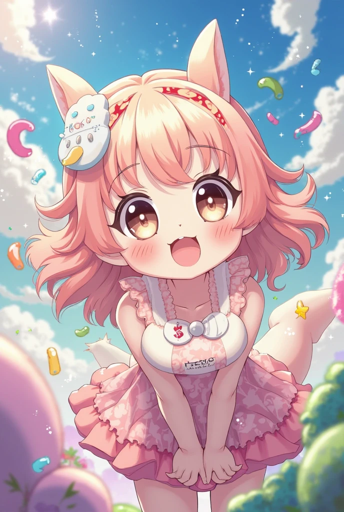Cat, female, around the viewer, cute, kemono, small breats, cute eyes, puppy face, happy face, room, standing, beach, eyes closed, wearing pink dress, pussy, under view, up dress showing pussy