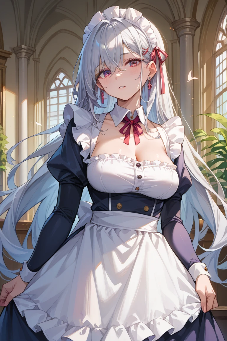 (((Masterpiece))), (((Highest quality))), ((Ultra-detailed)), ((super fine illustration)), ((Ultra-fine painting)), (16K highest quality wallpaper:1.4), (Upper body:1.6), HDR, (Highly detailed and delicate illustration style:1.8), Detailed skin texture, Detailed cloth texture, Extreme detailed description, (T-masterpiece), (highly detailed face:1.2), (Highly detailed silver fox ears:1.2), (Highly detailed shiny silver hair:1.2), (Highly detailed clear eyes:1.2), Original, RAW photo, professional, Intricate details, Super details, direct light:1.4, (Perfect anatomy:1.4), (Highly detailed hands:1.2), (Highly detailed fingers:1.2), (Highly detailed fingertips:1.2), (27-years-old), (Solo:1.8), real, ((Very beautiful and attractive silver fox female model of maid chief:1.4)) BRAKE (Beautiful and adorable silver fox ears:1.4), (Highly detailed and delicate silver fox ears:1.2), (Beautiful and well-shaped big breasts:1.2), (Beautiful and well-shaped buttocks), (Very beautiful and shiny rainbow-colored hair, colorful hair:1.4), (Very beautiful and transparent blue eyes that shine in iridescent colors, colorful eyes:1.2), (Smile:1.2), (Looking at viewer:1.2) BRAKE (Black and White maid clothes:1.4) BRAKE ((Highly detailed and beautiful luxury living room background at late night:1.4), Highly detailed and beautiful luxury living room background at late night:1.2) BRAKE 