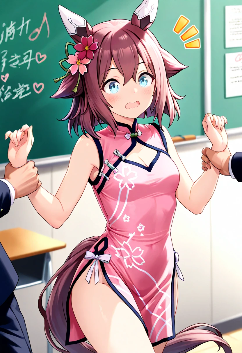 classroom decorated, desks, balloons on wall, handmade menu on a blackboard, colorful handwritten signs, (1girl), umamusume, Sakura Chiyono O\(umamusume\), lite pink china dress, bottomsless, standing, looking at wrist, surprised, open wide eyed, wavy mouth, open wide mouth, notice line, small breast, cleavage, (1 suit man), walking, grabbing girl’s wrist, arm down, ultra quality, photo realistic, 8k, depth of field, masterpiece, best quality, absurdres, ultra detailed, very aesthetic