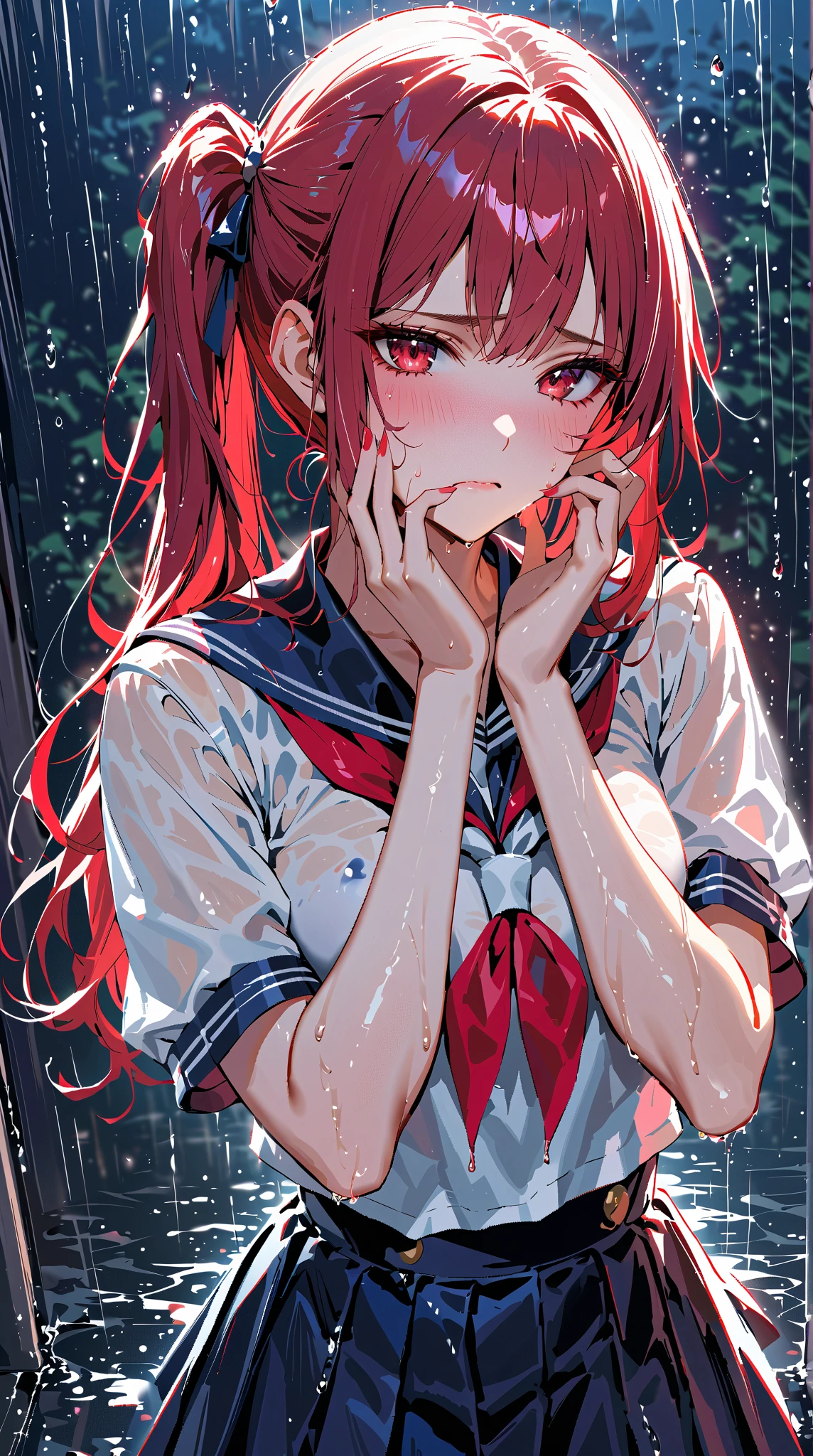 masterpiece, best quality, looking at viewer, bare legs, 1girl, solo, upper body, bow, black serafuku, smiling, night time, heavy rain, outdoors, city, crop top, navel, wet clothes, drenched, hands behind back, blood tears, blood marks, dark alleyway, blood splattered on the ground, red bright light, glowing eyes, depth of field