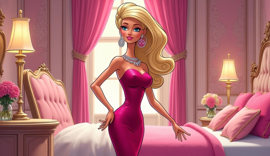 2 girls, one blonde with long hair wearing bows in her hair, wearing a pink princess dress and sitting on a throne, the other girl behind the throne with short blonde hair, wearing a costume 