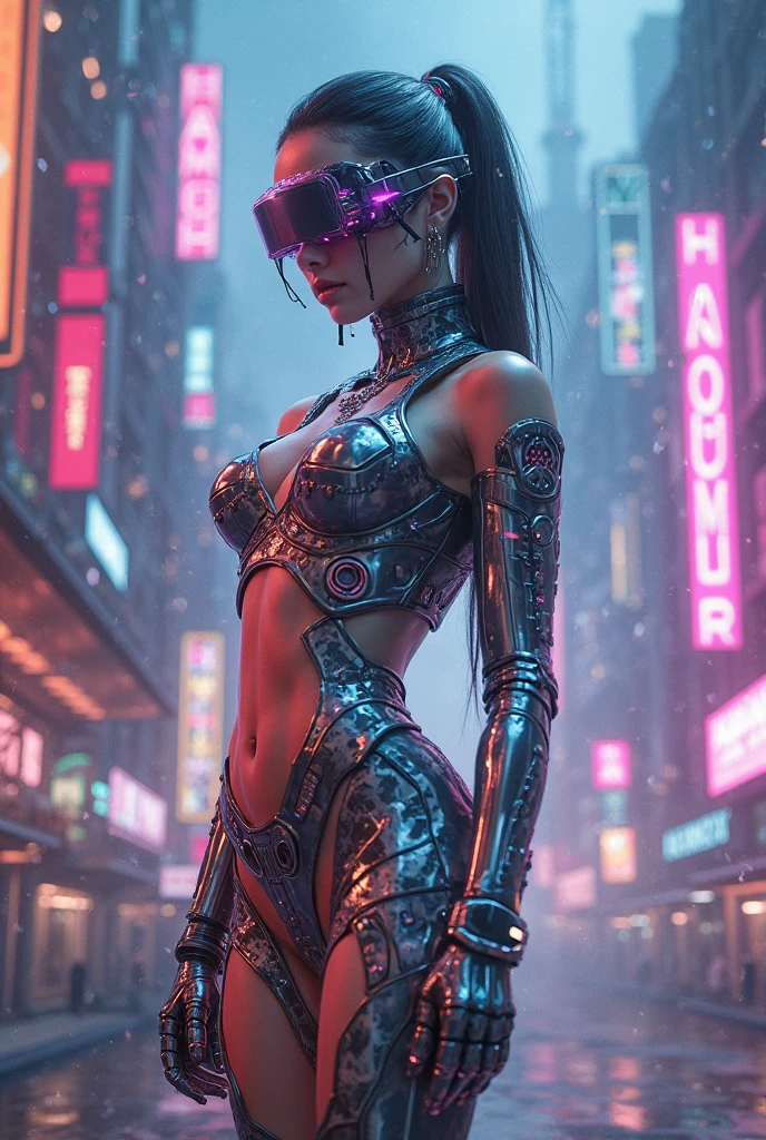 ((extremely delicate and beautiful cybernetic girl)), ((mechanical limblood vessels connected to tubeechanical vertebrae), ((mechanical cervical attaching to neck)), (wires and cables attaching to neck:1.2), ((mass of wires and cables on head)),  (character focus), (((dynamic pose))), ((cowboy shot)), (masterpiece), (((best quality))), ((ultra-detailed)), (highly detailed photorealistic CG illustration), cinematic lighting, science fiction, extremely detailed,colorful,highest detail, (((cyberpunk city background))), tattoos,