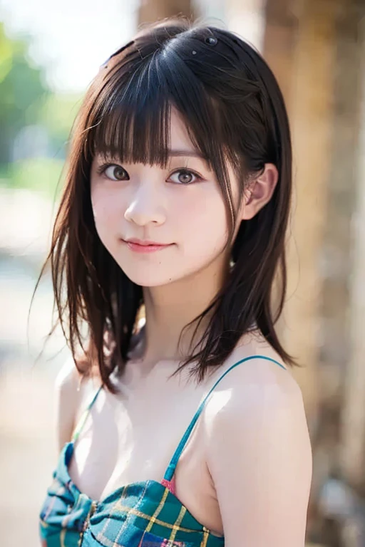 frame in, from right in front of face and body, view straight on, upper body, High quality, very high res, High quality, cute girl, (straight hair:1.2), black hair, forehead, medium hair, cowboy shot, topless, medium breasts, pale pink nipples, leaning forward, smile, at beach