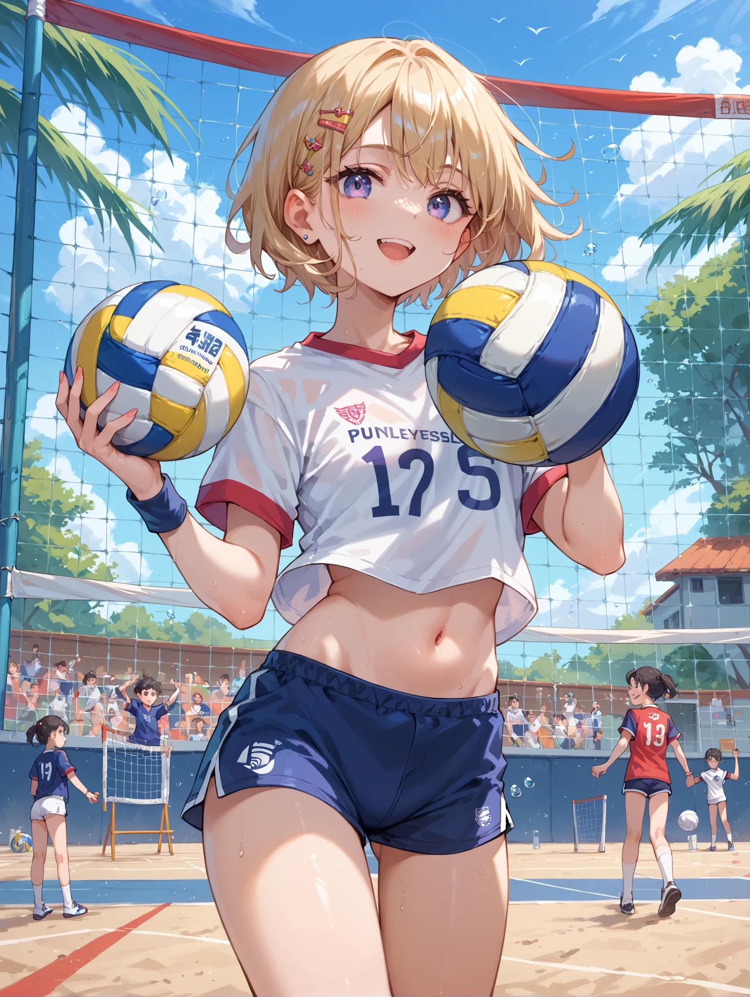 (masterpiece, 4k ,ultra detailed:1.2),(beautiful face:1.2),(anime:1.2),illustration,(solo:1.2),(looking at viewer:1.4),(supermodel:1.3),(volleyball athlete:1.4),(volleyball uniform:1.4),(bike shorts:1.4),(volleyball:1.5),(sweaty skin:1.3),(two-tone hair),13yo,(absurdly long hair:1.5),(blonde hair:1.3),(ponytail:1.3),(white panties),(string,abs,bouquet,child,small breasts,petite:1.1),(sfw,nipple,flat chest,dress,sports bra:1.5),(cinematic angle),(full body:1.2),(Camel toe:1.3),(volleyball field:1.5)