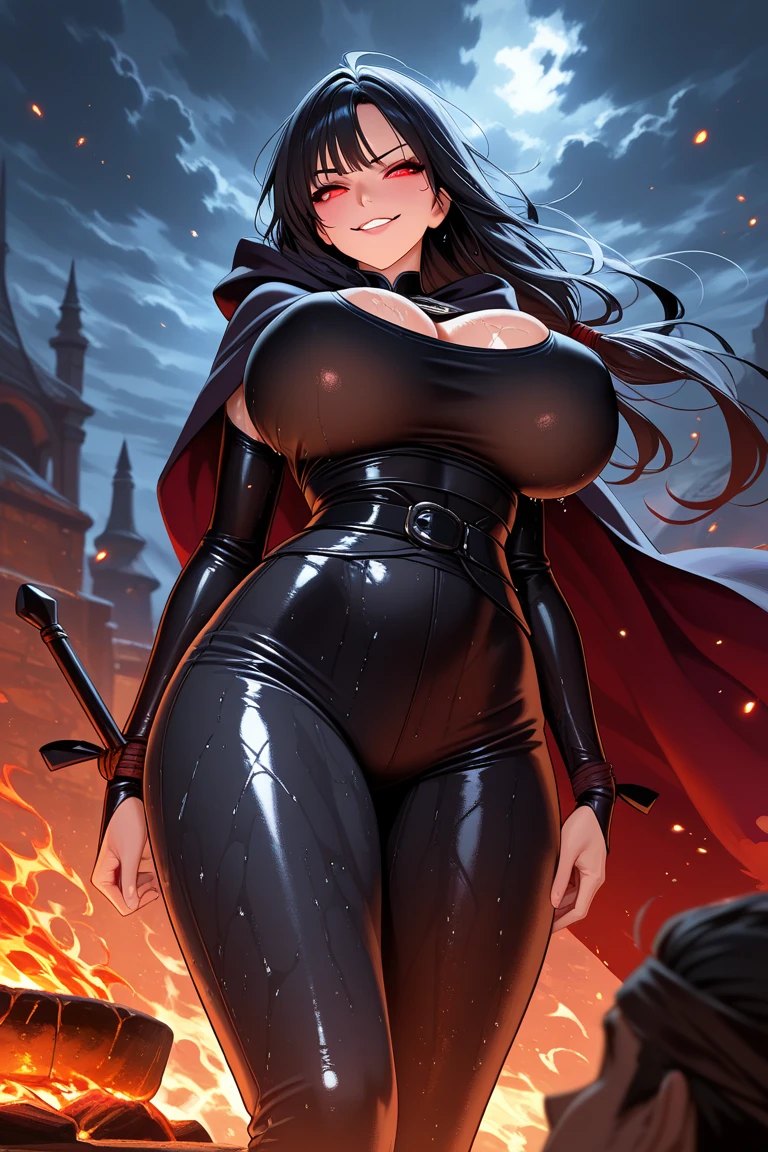 medieval setting, full view of body, 1 skinny female with large breast, beatiful smokey green eyes, black hair pinned up, elegant off-shoulder strapless midi dress, red scarf around her neck, eerie sunset