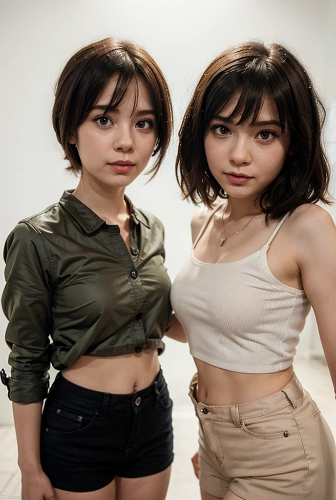 masterpiece、8K、32K、top-quality、(A detailed eye)、(A cute Japanese woman)、23years old、(2 girls in:1.3)、elegent、(Detailed background depiction)、Tank Top, BREAK (cargo shorts:1.3)、Japan alley、is standing、Sunlight、during daytime、smile、(cowboy shot),(braless:1.3),(slender body:1.5),(Brown short wavy pixie hair over one eye:1.3),cleavage,Glasses,