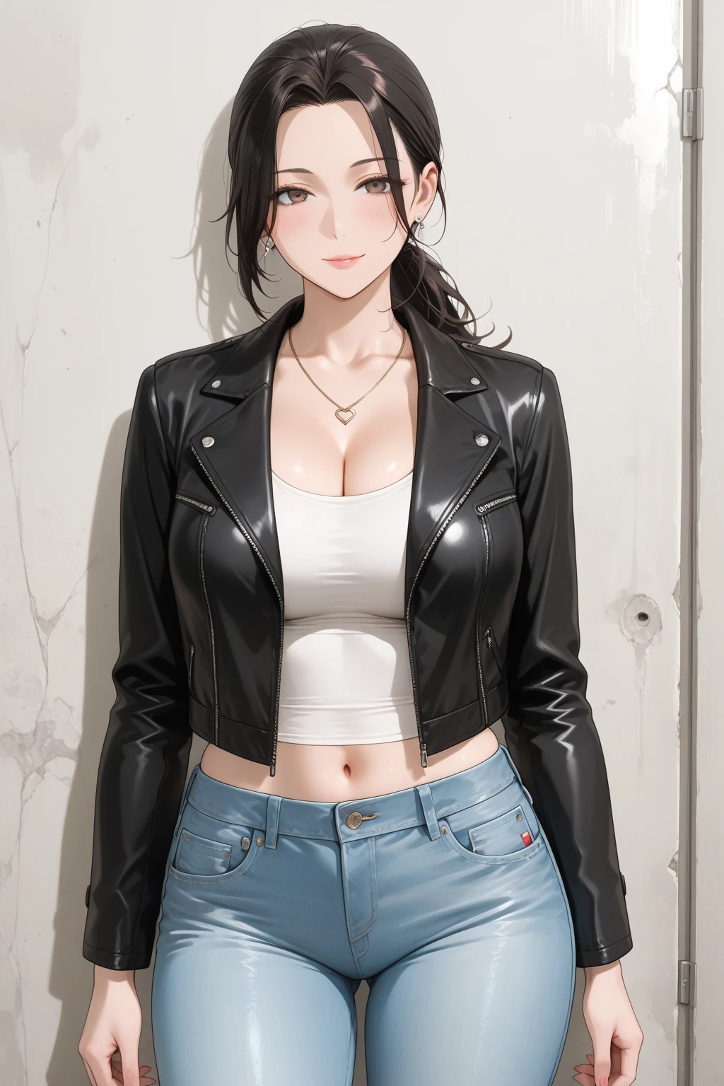 a woman in a black bra top and leather jacket posing for a picture with a black jacket on her shoulders, Elina Karimova, behance hd, a character portrait, gothic art, 1girl, black_hair, breasts, cleavage, jacket, lips, long_hair, looking_at_viewer, nose, photorealistic, realistic, solo, upper_body