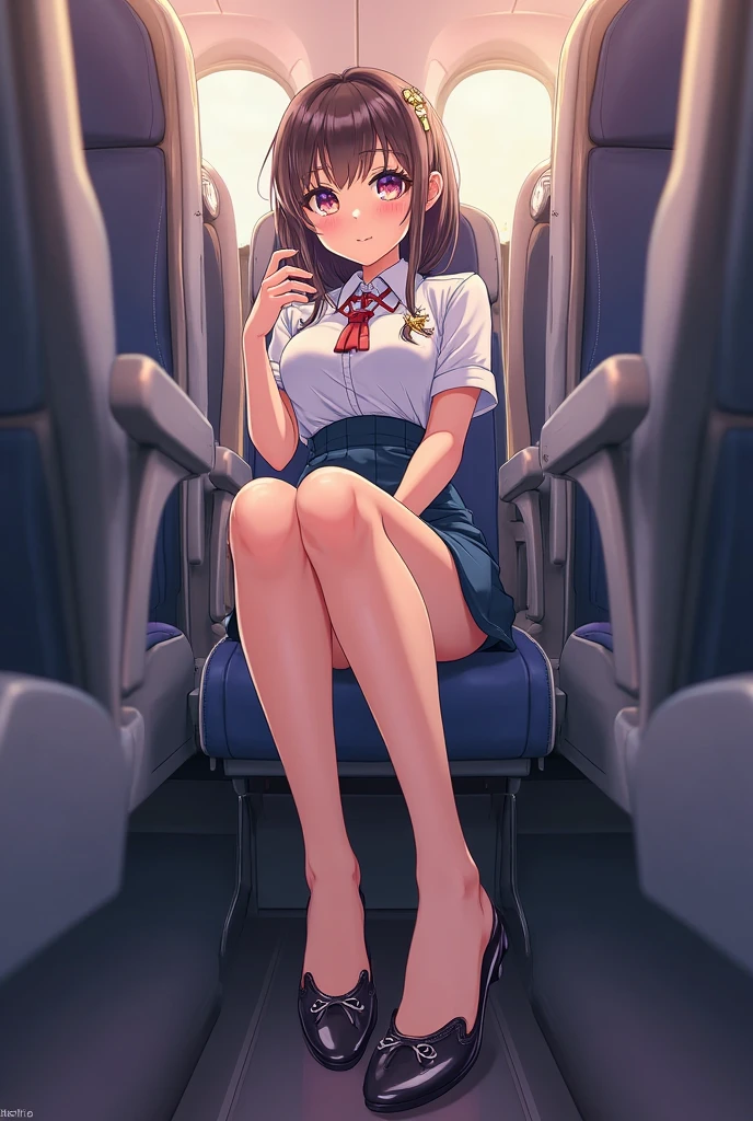 30-year-old female cabin attendant, crouching in the aisle of the plane, picking up lost items, skirt, stockings, detailed eyes (from the front, from below), masterpiece, blushing, shy face