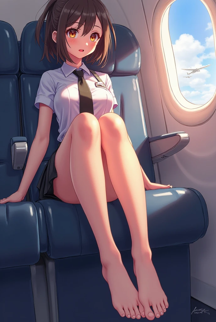Hyper realistic super detailed sexy woman, Une fille confiante, NSFW (en anglais seulement), Very detailed, expressions faciales sexy, seductive facial expressions, [:(Face detail: 1.4): 0.4], 16K resolution, 4k resolution, dinamic lighting, High definition resolution, (sexy pose, Position attrayante), (hyper realistic: 1.4), (back light: 1.2), (sun light: 1), (pleine hauteur: 1.8),(contrasting background: 1.5), (Anatomy of the hyperrealistic arm), (Hyperrealistic anatomy of the legs), (peau propre), (lighting cinematic: 1.7), (intime), (Technologie NVIDIA RTX Ray Tracing), (Anatomy of the hyperrealistic arm: 2), (Ventre plat parfait), (image couleur),(ultra beautiful faces:1.5)、Japan flight attendants、Clear pubic contours，spreads her legs、(Cabin Attendant Uniform)、Brown hair、white panties、Passenger seat on airplane