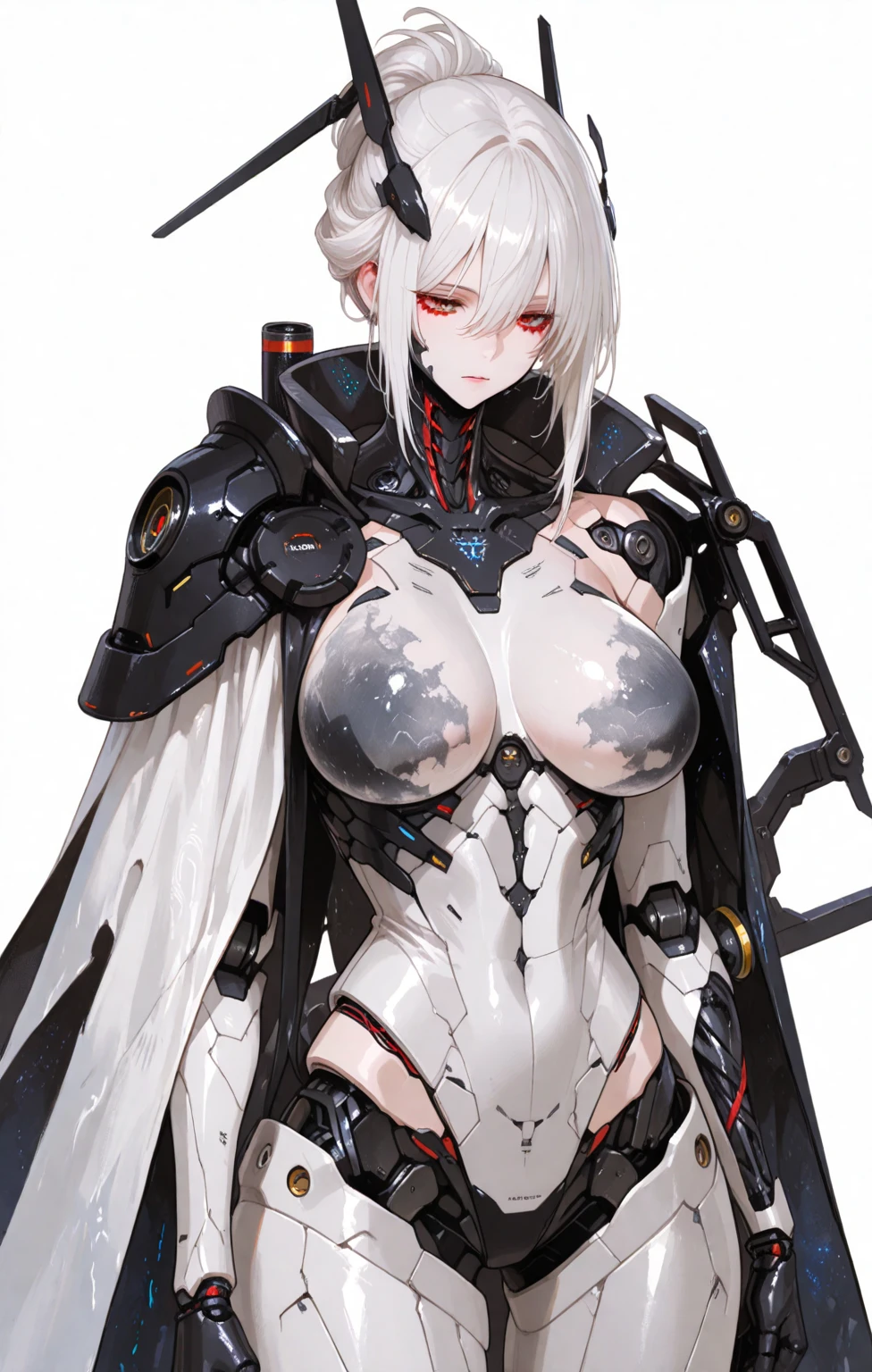 ((1 cyborg woman, bionic arms)),((gigantic breasts, bare breasts, open pussy, erect breasts, holding breasts, hand on pussy)),((very long black hair with ponytail and bangs covering one eye, 1 red eye)),((serious face)),((stopping in a haunted forest, at night)),