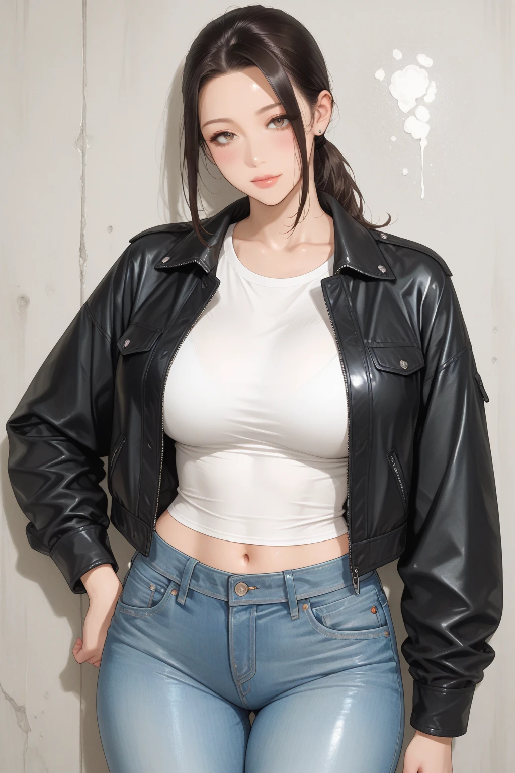 1girl, solo, brown eyes, parted lips, long sleeves, jacket, simple background, looking at viewer, teeth, jacket, lips, cosplay,huge breast
