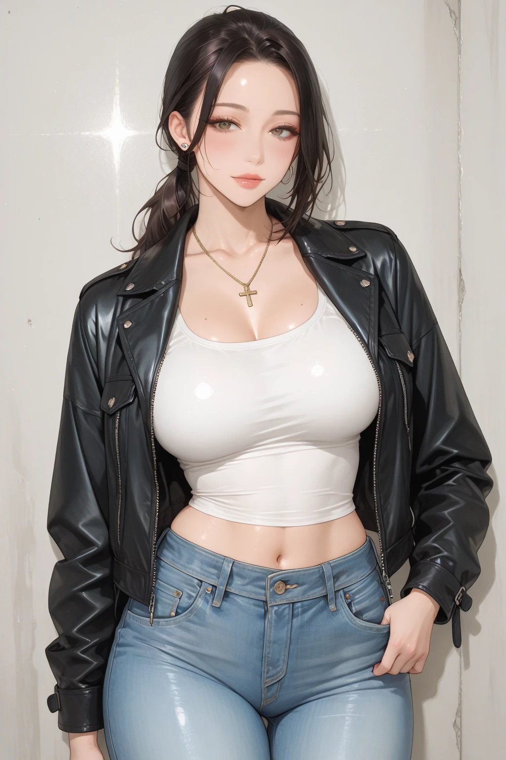 Obra-prima, highres, alta qualidade, rosto detalhado, render corpo detalhado, 1girl, solo, hyuuga hinata, hinata-sleevless-outfit, seios grandes, peito grande, camisa sem mangas, top, fishnet top, Dark lips, unzipped jacket, no-bra, seios para fora, mamilo, standingn, blushes, (no quarto), Denim Jeans Pants