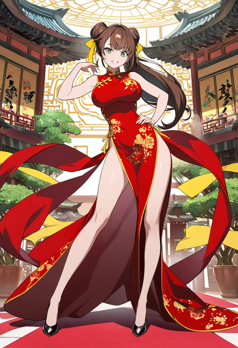 absurd res, high res, (masterpiece:1.4), ultra-detailed, 1girl, from above, space, floating, red Chinese dress, red dress, black stockings, light brown hair, yellow eyes, hands out of frame, big breasts, cleavage, revealing