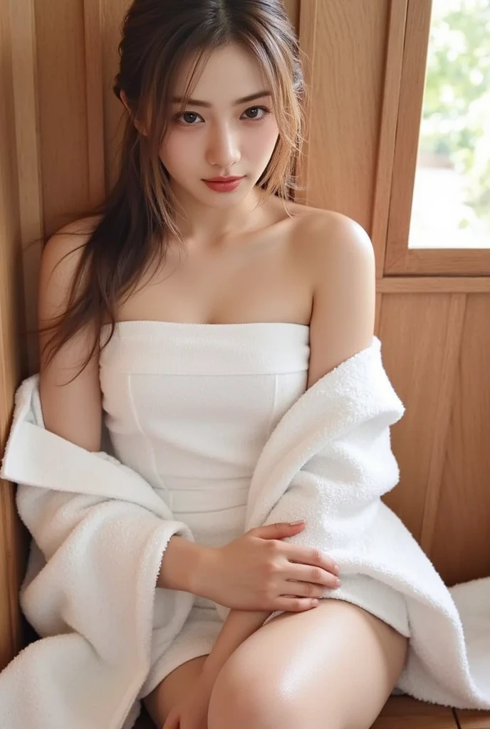 Arab asian woman in towel sitting on wooden bench, Young Sensual Gravure Idol, Young and cute gravure idol, Japanese Model, Young and skinny gravure idol, Young Gravure Idol, realistic Young Gravure Idol, Yoshitomo Nara, A sophisticated gravure idol, Ayaka, Young Japanese girl, Japanese Goddess