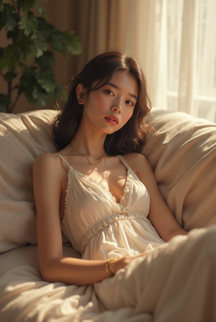 (photorealism:1.2), beautiful woman, sitting on bed