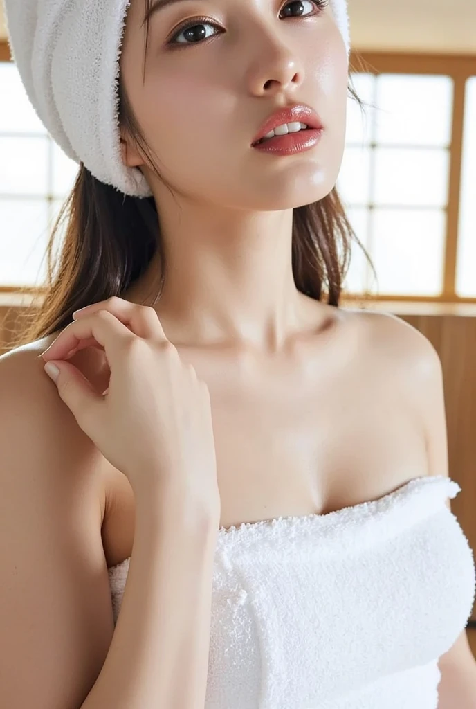 ((最high quality、8K、masterpiece:1.3))、male(Upper body portrait、On the front、Place your hands on your knees、Chubby body type、Big ample breasts、Towel wear、Off the shoulder、internal_sauna:1.6)、Uncle、In a dark sauna room、Overhead Camera、Sharp focus:1.2、((Black-haired、One Length))、Wet body、Wet Face、日本人male、Dynamic Angles、The muted colors and contrasts of light and shadow create a distinctive melancholic feeling.、Subject&#39;s hair、eye、With an emphasis on action、eyeを楽しませる、It&#39;s a thought-provoking piece.。Raw photo, (High Definition Skins:1.2), 8K UHD, Digital SLR, Soft lighting, high quality, Film Grain, Fujifilm XT3,