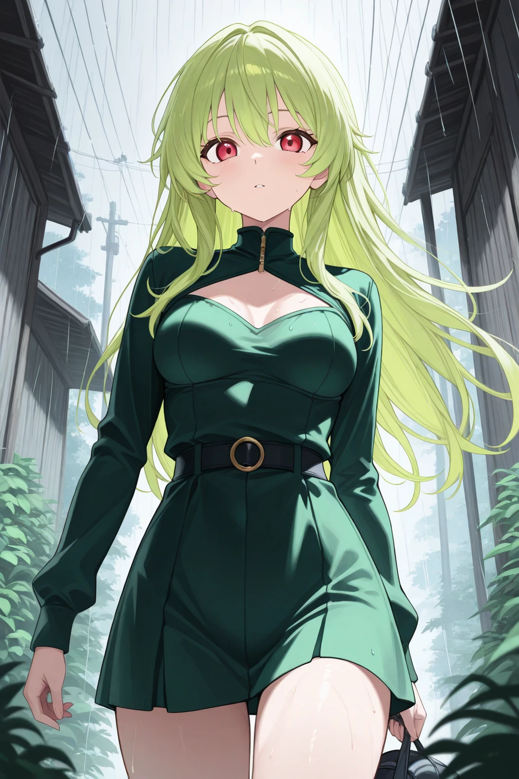 extremely detailed CG unreal engine 8k, best quality, all intricate,
1girl, milf, solo, breasts, green hair, long hair, green eyes, cleavage, smile, solo, jewelry, necklace, black and green jacket, black legwear, full body, boots, standing, round face,
(detailed cityscape behind, street)
<lora:MarielleLH:1.2>