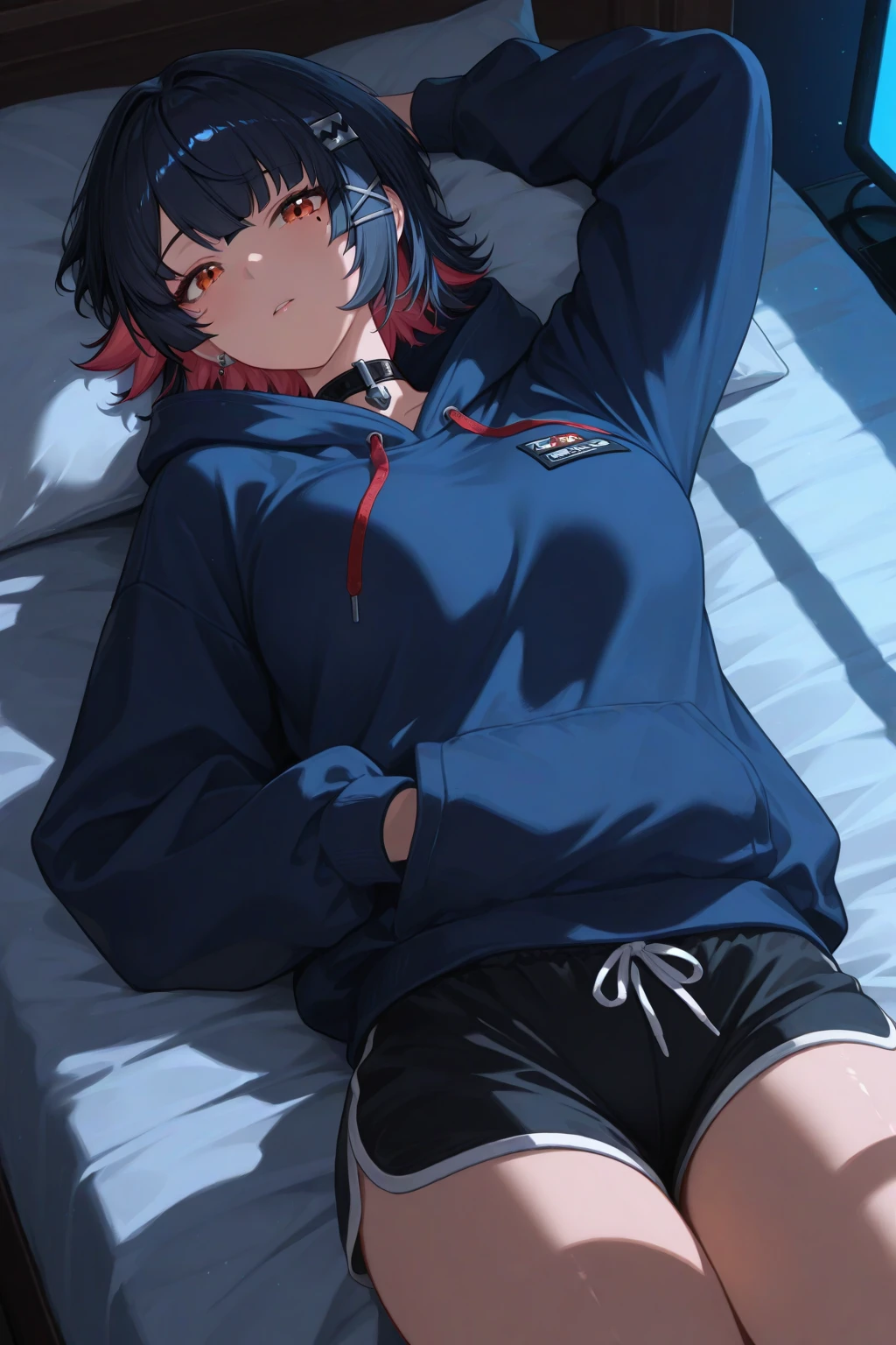 ((((((1boy)))))), fluffy black hair, wolf ears, wolf tail, slim figure, ((pale skin)), RED eyes, dead expression, living room setting, seductive smug, baggy black hoodie, lean figure, big thighs, slim waist, big butt, bulge, thigh highs, blush