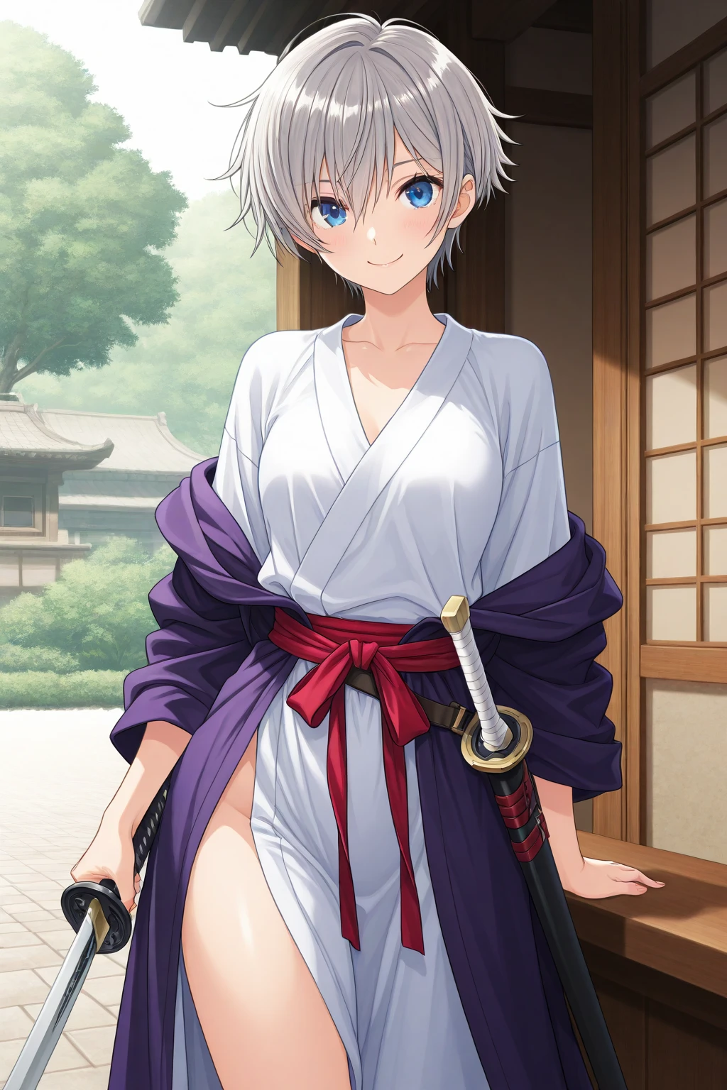masterpiece, best quality, high quality, 1boy, solo, male focus, looking at viewer, nakajima_atsushi, grey hair, (yukata uniform, black panties: 1.2), hentai face,Taisho era, rear view, shows ass, butt