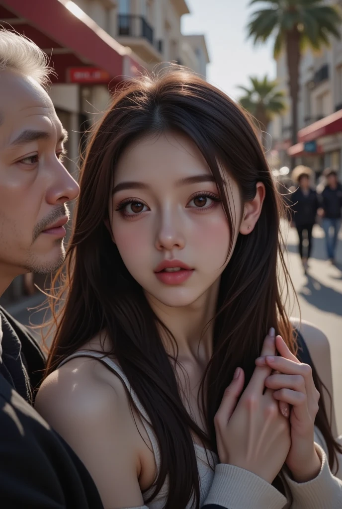 best quality, masterpiece, (realistic:1.2), hdr, detailed, <lora:armchoke-wasabiya:1>,1girl, 1boy,hetero,solo focus,(arm choke:1.3),size difference,grabbing from behind, outdoors, street, , high quality, masterpiece,soft light, Subsurface scattering
