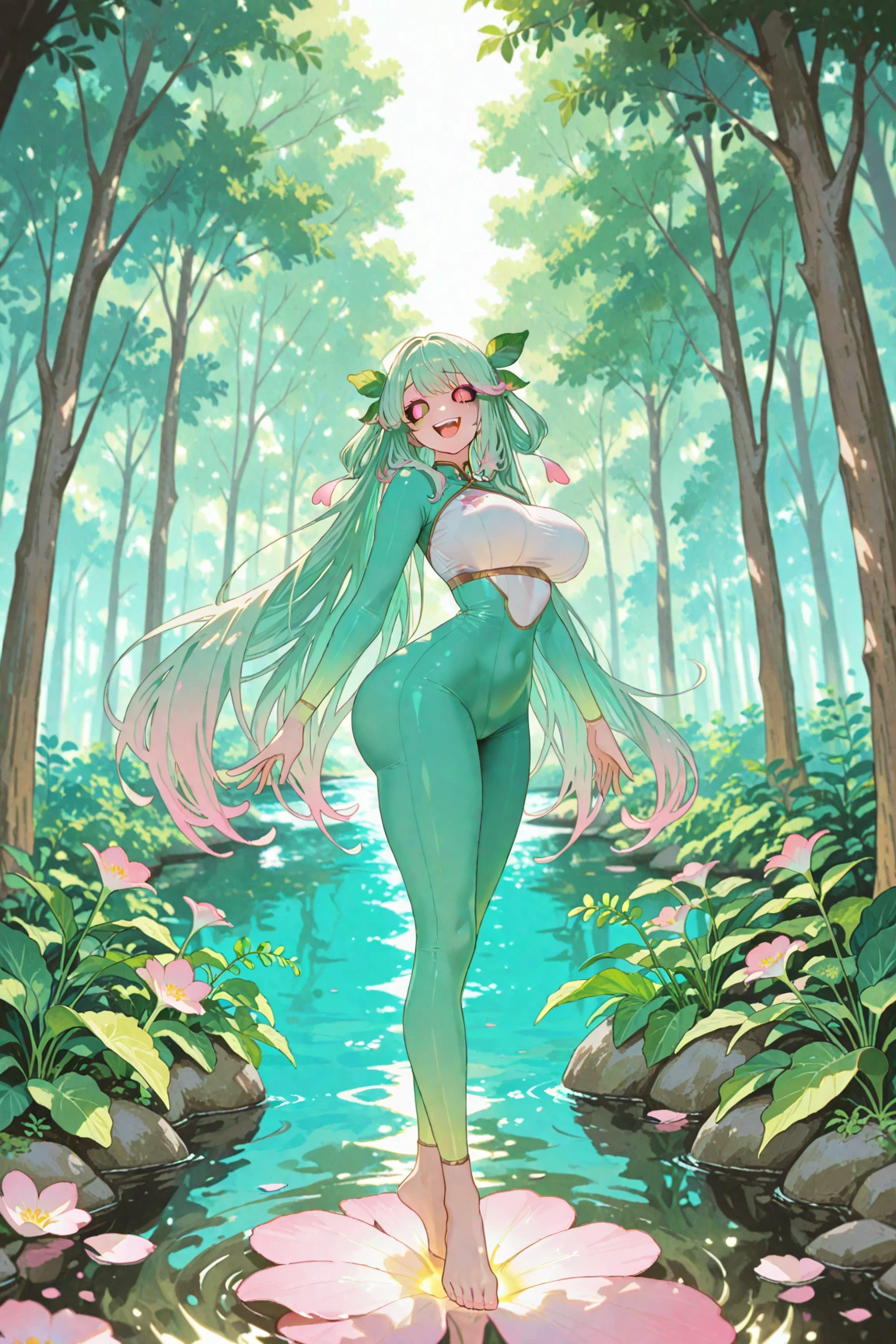 There is a girl sitting on a leaf., (White clothes), fresh color combination, there is a stuffed toy, Guvez style artwork, popular a CGSTATION, illustrated by Li Song, soft anime, lying on a water lily mat, sitting on a lotus flower, cute and meticulous digital art, Beautiful art style, in the pond, Yang J., beautiful digital art, Guvitz, sitting by the pond 8K, Best Quality, (photorealistic:1.4), raw photo, (curved body), (curved thighs), (huge breasts, perky breasts:1.4),
