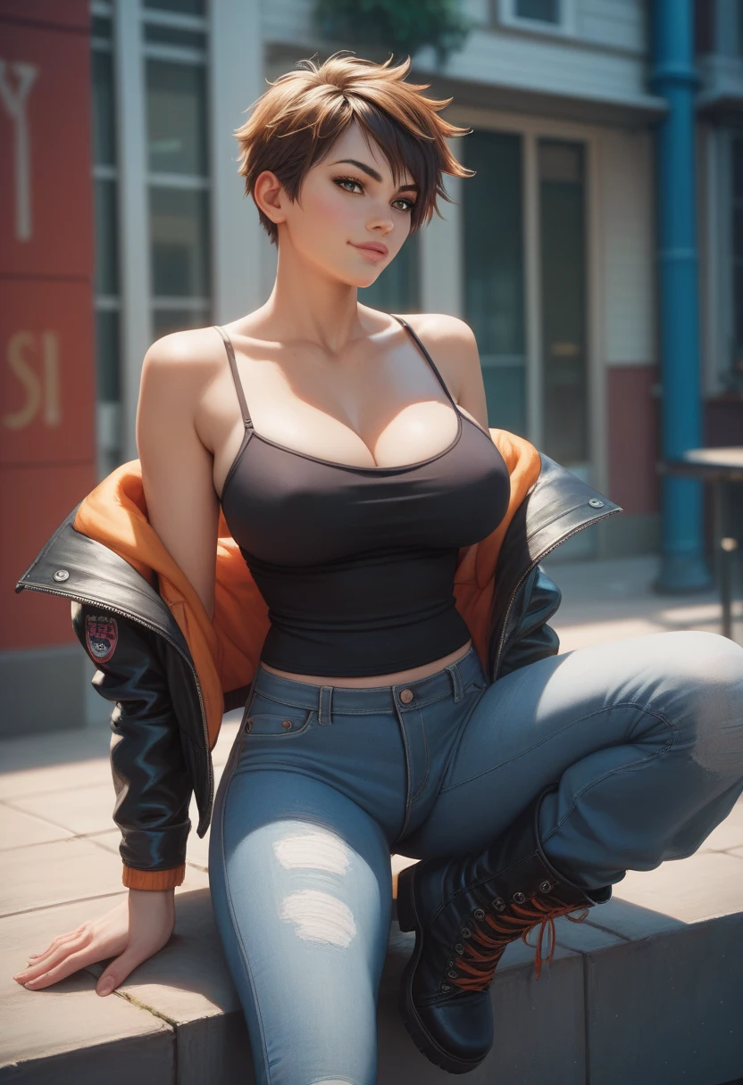high quality, realistic, portrait, night city, neon lights, backlit, blue and white, 1 woman, close up on lips, short hair, windblown, shiny red lips, closed mouth, blue topaz eyes, slanted eyes, smiling, sitting on bench, cleavage, nylon jacket, detailed pattern, bikini top, tight jeans, high heel sandals