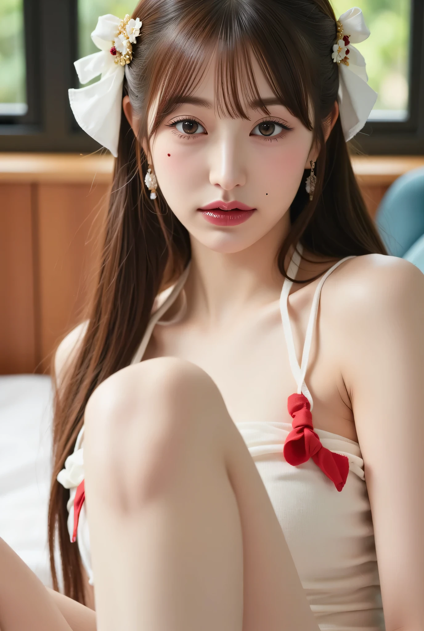 cinematic, Colorful painting, realistic portrait sitting on a futon, (((masterpiece, top quality, realistic photo))), (Glossy Skin), Hyper HD, 8K Wallpaper, high resolution, perfect figure at the evening shrine, Thin Hands and Fingers , cinematicな照明, Award-winning, Extremely Wise skin, extra Wise face, Beautiful Eyes in Every Detail, Carl Zeiss 85mm/1.4, BREAK,(close, from behind, throw) Shot of ((Alone , 23 years old, :1.5, sensual, thin, , (big boobs), cute)), ( college student , anger, angry) Dress up (Waitress: white shirt, red handkerchief , black skirt、black high knee、flat shoes, Look into the nipple, cat peek, wet cat). ((LIGHT BROWN WAVY HAIR, green eyes, cat, three-sided view)). ((bent over a table with the skirt lifted and panties pulled down at her ankles)). indoor, table, bench, (Wise, masterpiece),((nsfw:1.5),(topless:1.5))