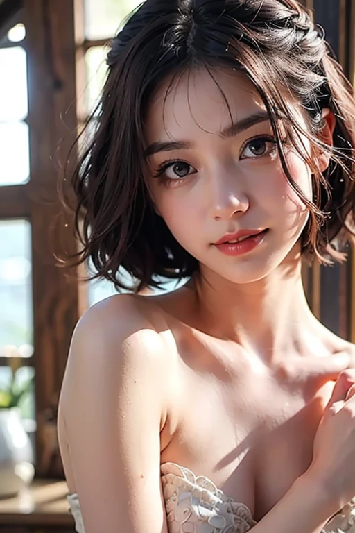 プロのphotograph撮影,85mm lens,Front view,Half Body Shot,photograph,Sharp focus,High resolution,8k,One person,Adult female,Asian slim woman,(Topless woman:1.25),Golden Ratio,Upper Body,(Different facial features:1.12),(それぞれのphotographは異なる顔の特徴です:1.13),(A kind smile:1.25),Textured female hairstyle,([Light Painting|Mood Lighting|Mood Lighting|Chiaroscuro lighting|Courtroom Lighting]),Simple Background,