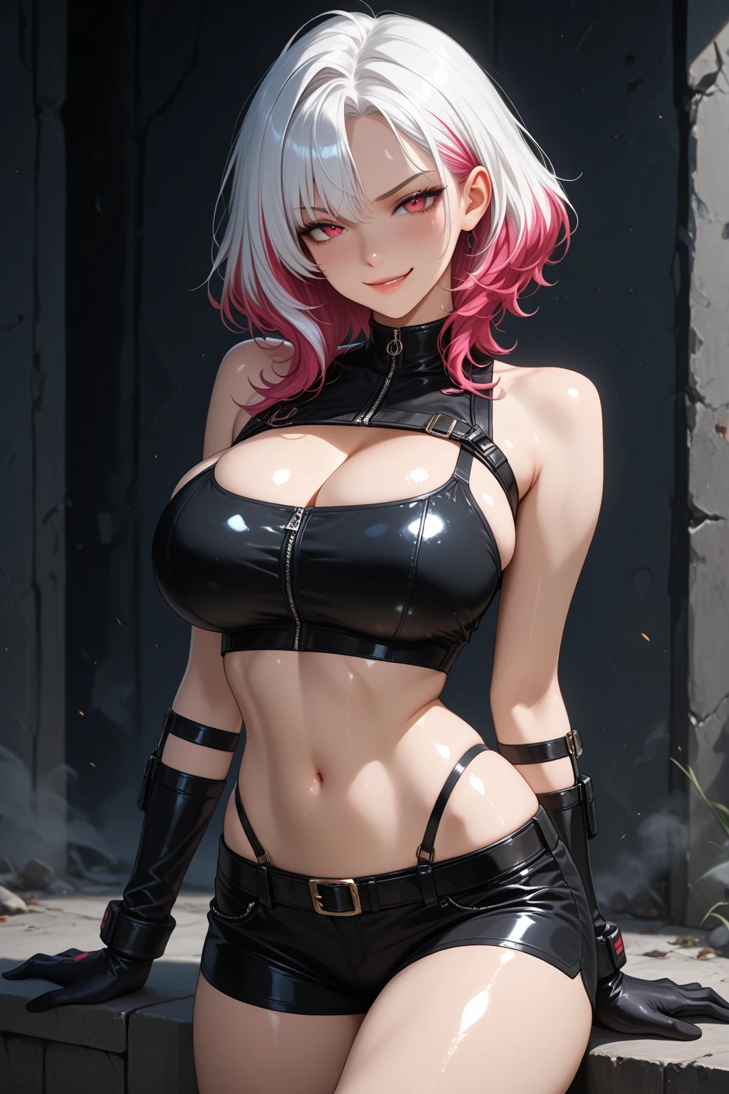 Silver hair, cleavage, leather shorts, wide hips, abs, street, thigh legs, overhead view 