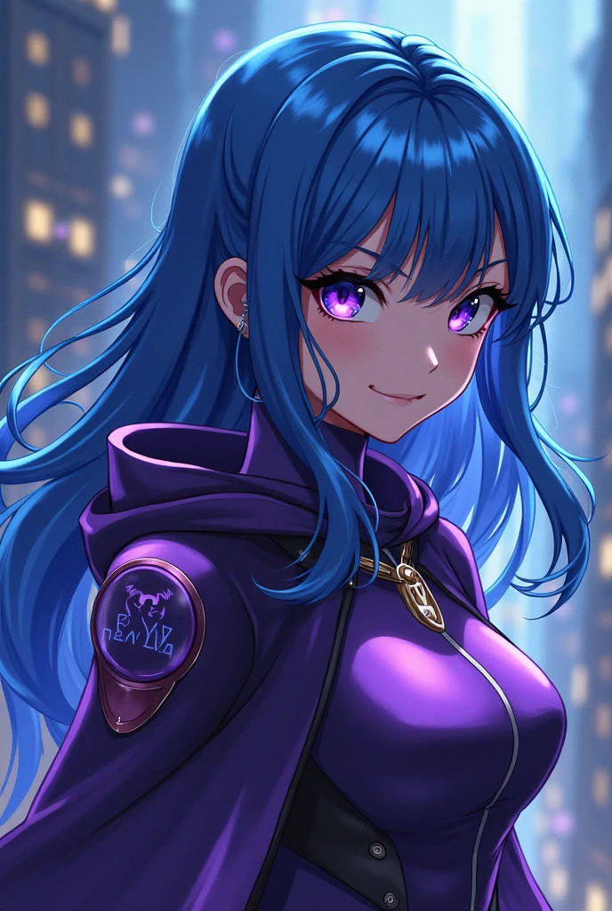 ray tracing, vibrant colors, girl, (masterpiece, sharp focus, best quality, depth of field, cinematic lighting), detailed outfit, perfect eyes, rich in details and textures, fantasy world, red eyes, blue hair, colored inner hair, outdoors, very long hair, hair between eyes, dark skin, smile