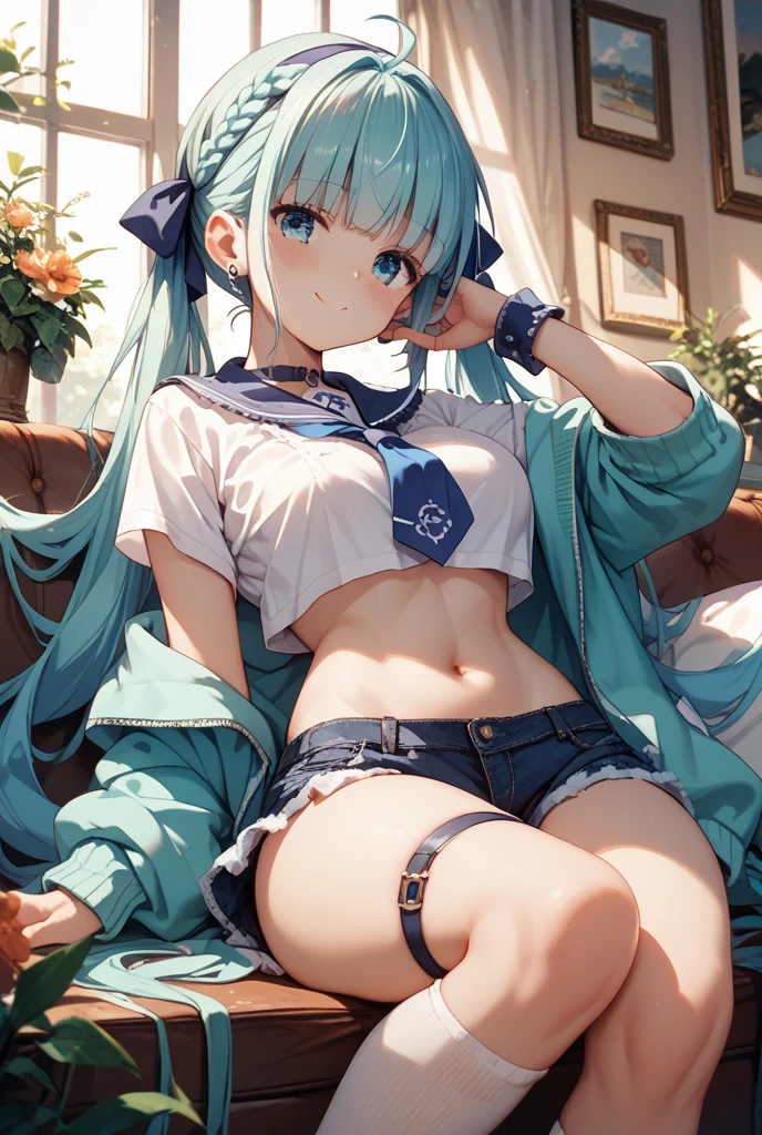 Cornflower art, dreamy, (masterpiece, top quality, perfect anatomy, beautiful face, realistic, super detailed, 1 girl, 18 ears senile, solo, depth of field, canon 24mm lens, f1.4, cute_girl, sailor_ collar, clear facial features, short sleeves, small breasts, slender height, height 150cm, barefoot, double ponytail, bangs, gravure pose, indoor, slouch, Chest gap jungle, blurred background, (Uwabaki: 1.1576)) whole body, clear liquid dripping from the crotch, the front of the shirt is exposed, breasts are visible, transparent bra, light blue striped buns, erotic, , NSFW movie, strange, beautiful pee, holy water, (urination),