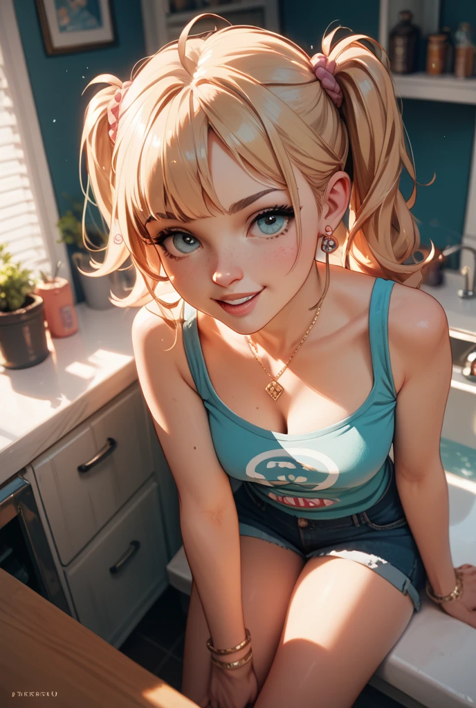 2 gorgeous 25 years old girls, wearing very small pink pajama shorts and pajama tank top, leaning against a kitchen counter, blond messy hair, necklaces, bracelets,  looking straight at viewer,nsfw sultry look, seductive, seductive smile, inviting expression, suggestive