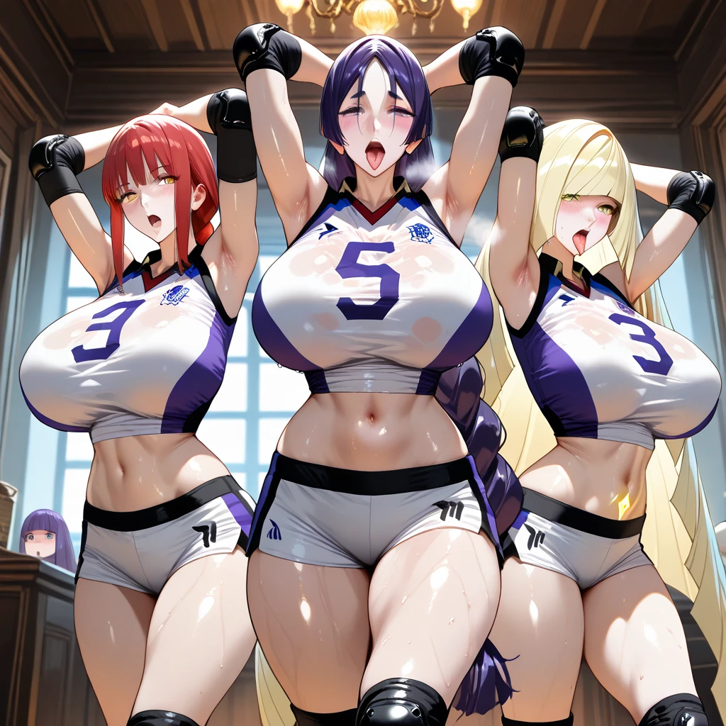 (fiche de conception de personnage, same character, Devant, side, de la), ((Extremely detailed illustration)), high resolution, des mains parfaites à cinq doigts, visage parfait . Deux filles de 25 ans,Soeurs jumelles, avec de gros seins et des mamelons qui pointent, vêtu d'une combinaison rose en latex (spandex) style hentaï ouverte aux parties intime, the scene shows her caressing her breasts, back bent facing the audience, angle de vue multiples, seductive and explicit, corps voluptueux et musclé, legs spread, plaisir intense écrit sur son visage, eyes rolled upwards. NSFW❤️💕💖💋
