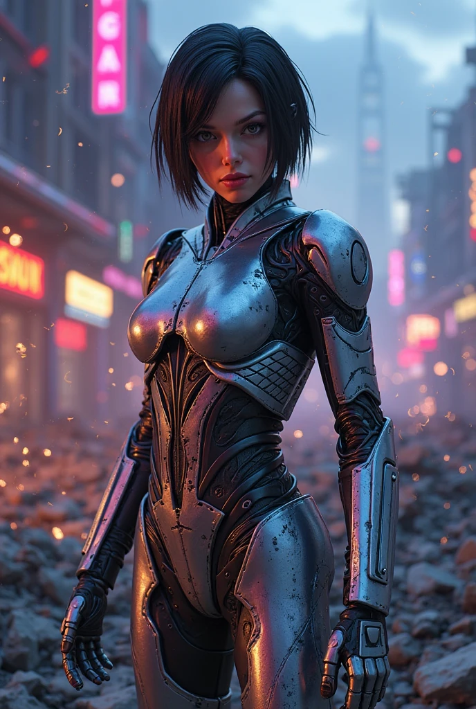 Beautiful and lovely military woman with a transparent plastic cyborg uniform and a large weapon, super detailed image