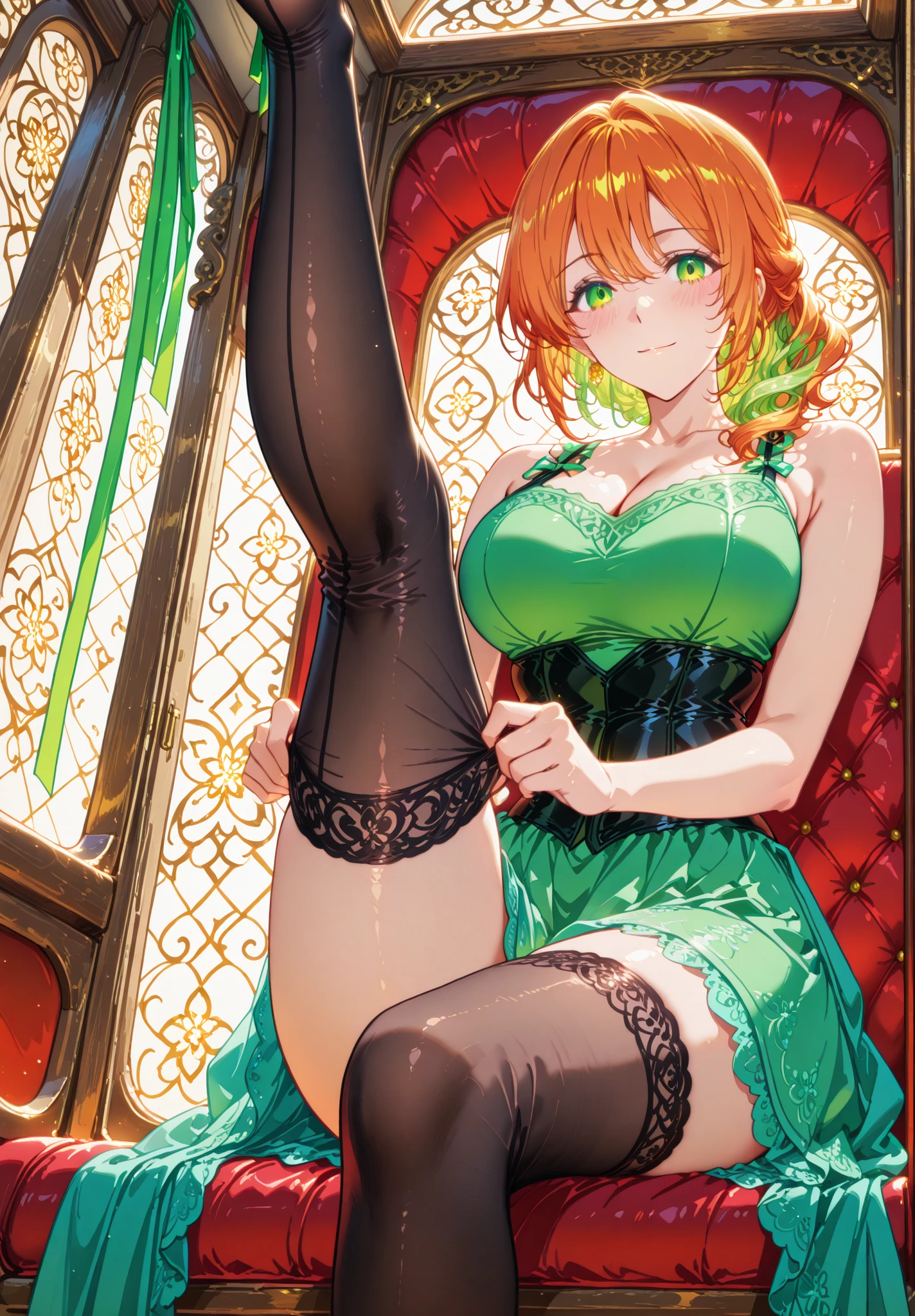 (masterpiece)(8k)(cute)(20-year old woman)(1girl:1.5)(from below:1.3)(full body:1.5)(throne:1.5)(solo:1.8)(wild hair:1.3)(short hair:1.3)(orange hair)(shiny hair:1.2)(white bandana:1.4)(small breasts:1.6)(green pupils:1.4)(glossy skin:1.4)(glossy lips)(smug expression:1.4)(green camisole:1.6)(fingers pulling on bra strap:1.4)(pink underwear:1.3)(knee high socks:1.5) rossdraws pastel vibrant, rossdraws cartoon vibrant, style anime 8k, beautiful portrait, artgerm colorful!!!, ! dream artgerm, beautiful anime girl, styled digital art, art wallpaper 8k, digital art, extremely detailed artgerm,