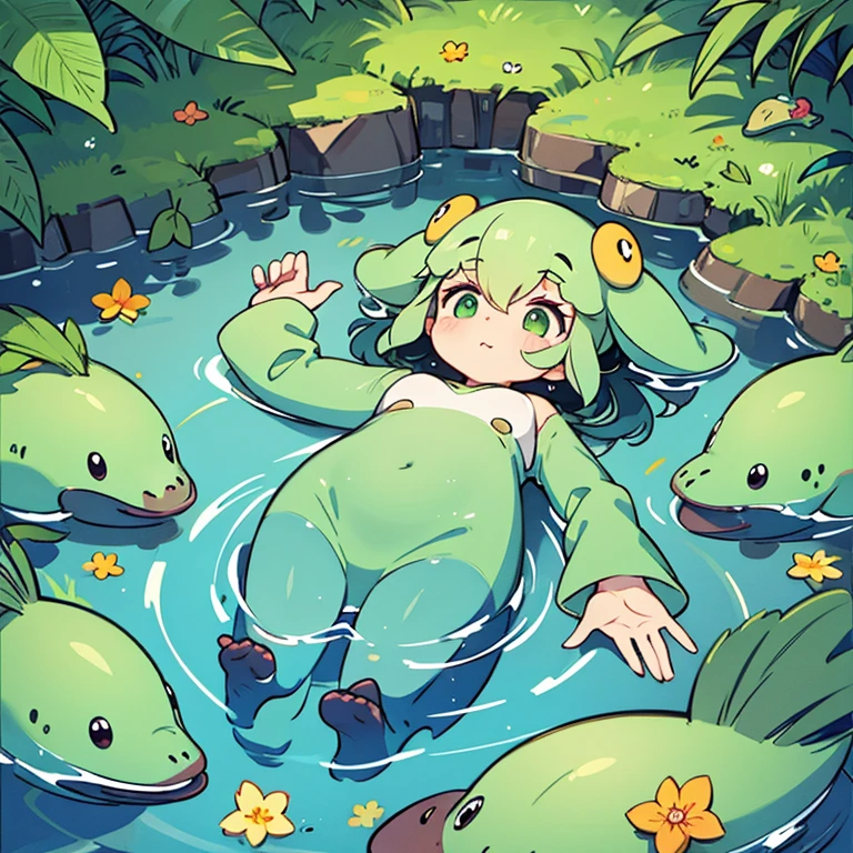 Slime anime girl slimy girl with green skin without any clothes uncensored crying kitten with slime skin and hair