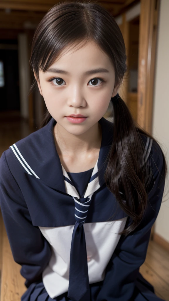 Highest quality、Professional Writing、 Detailed workmanship、High resolution、(8K, High resolution:1.2)、(RAW Photos, Realistic:1.3)、masterpiece、Slim figure、High resolutionの顔、The face is in focus、High resolutionの目、(concentrate, Symmetrical pupils:1.2)、Slim figure、High quality and beautiful skin、Firm Skin、Natural Makeup、Gloss Lip, High-definition hair texture、 (Japanese schoolgirl)、Unparalleled beauty、17 years old、cute, Hair Bun, classroom、(Sailor suit、Black socks、Black Loafers:1.3), (Sit on the floor by the wall:1.3), ((Hold your arms tightly against your chest:1.3)), very cute, ((Very angry:1.3)), (blush:1.3), (is scared:1.3), Strange facial expression、Looking up at the camera:1.2、(Shirt front opening:1.2), (Cleavage, Browsing Caution)