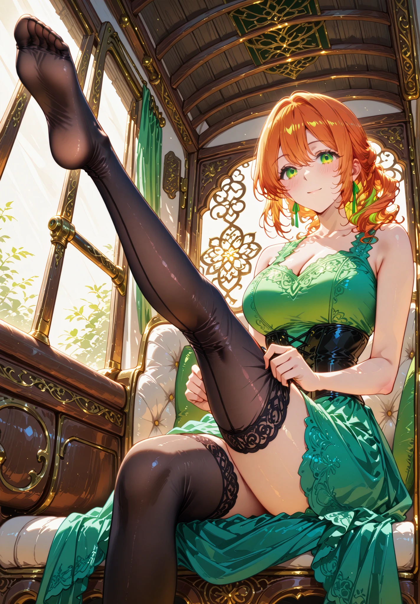 a girl with short orange hair,yellow eyes,cute expression, green one-piece lingerie and stockings,fantasy anime style, sitting on sofa, elegant,charming, big breasts, big hips,