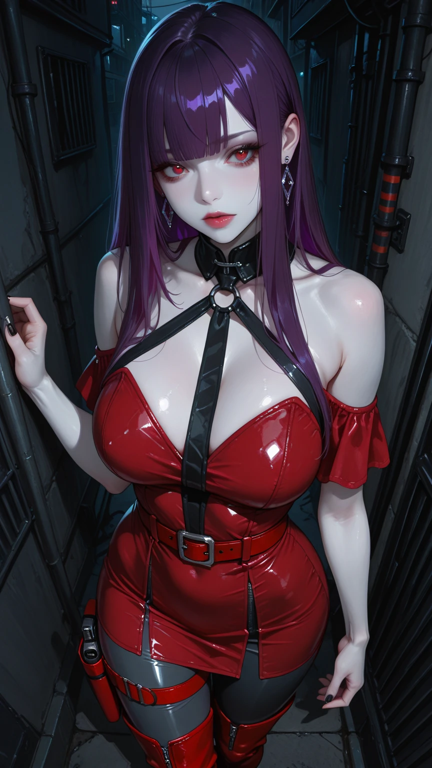 nsfw, fishnets, ((solo, solo focus, solo girl,1girl))++,(evil milf dominatrix Marinette Dupain-Cheng Ladybug)+++, low_twintails, red_hair, two tone hair, multicolored_hair, black_hair, solo, short_hair, high_heels, garter_straps, thighhighs, piercing, bare_shoulders, collar, nipple_piercing, red_eyes, thioots, corset, boots, lips, huge_breasts, voluptous, standing, looking_at_viewer, no_panties, gloves, makeup, garter_belt, full_body, lipstick, black_legwear, thighs, thick_thighs, parted_lips, coat, shiny, cleavage, dress, strapless, black_footwear, evil_red_eye, background, large_breasts, areolae, shiny_skin, choker, grey_background, red_lipstick, black_gloves, blush, pubic_hair, detached_sleeves, no_bra, cumdrip, personification, high_heel_boots, black_lipstick, tattoo, elboloves, eyeshadow, bdsm, smoking, bangs, watermark, off_shoulder, strapless_dress, paris background