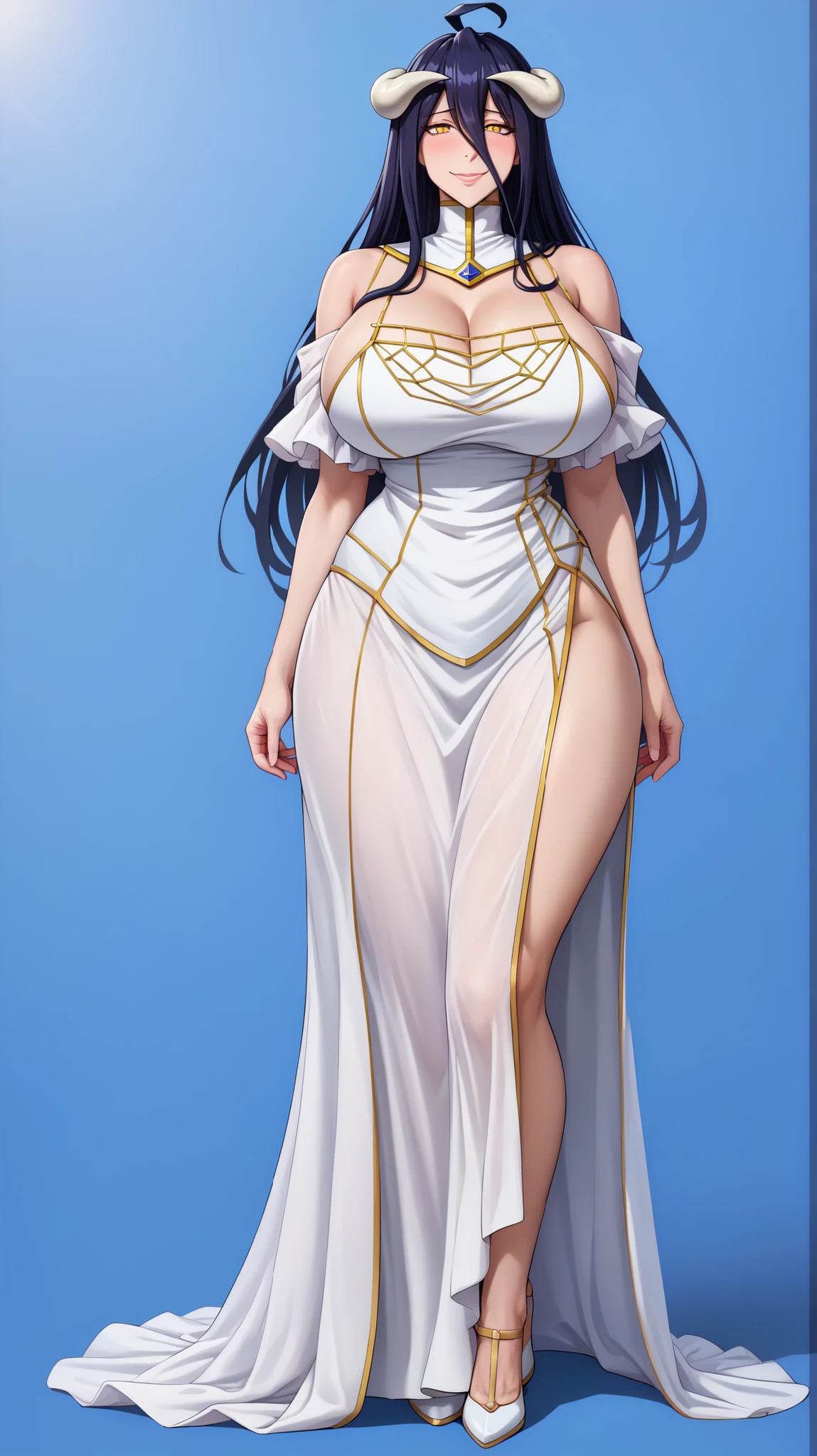 masterpiece、beautiful details、Perfect focus、Uniform 8K wallpapers、RAW photo、 1 girl、brown hair、medium curly hairstyle、clear deep eyes、smile、happiness、open mouth、 Cleopatra's magical Egyptian gown、A floor-length, form-fitting gown made from luxurious fabrics such as silk and satin.、Features a bold high slit that highlights your legs。Add a sheer gold drape cape that cascades down the back.、A hall reminiscent of Cleopatra's has a charming charm.。Complement your look with an embellished gold collar necklace and ornate headpiece that reflects the luxury of Egyptian royalty。Complete the ensemble with strappy gold sandals、Enhances your overall gorgeous style。