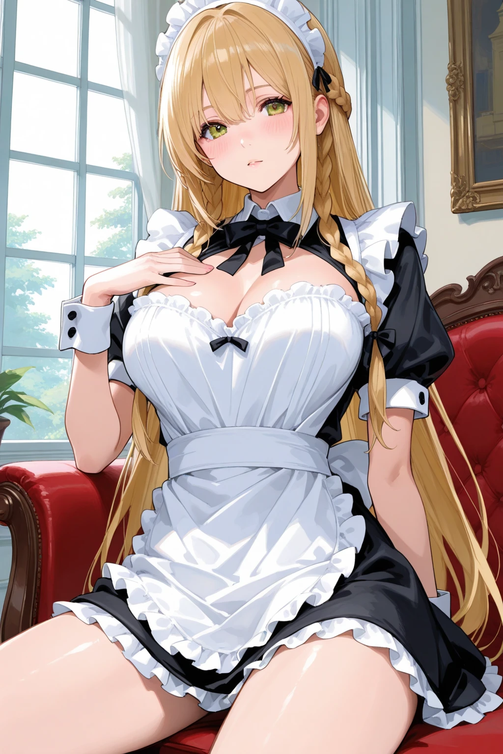((Highest quality)), ((masterpiece)), (detailed), (Perfect Face)、The woman is Tierre, with green eyes, medium-long blonde hair, a Victorian maid outfit and maid headband, jeweled earrings, and an engagement ring.、The woman is smiling fondly in a luxurious room