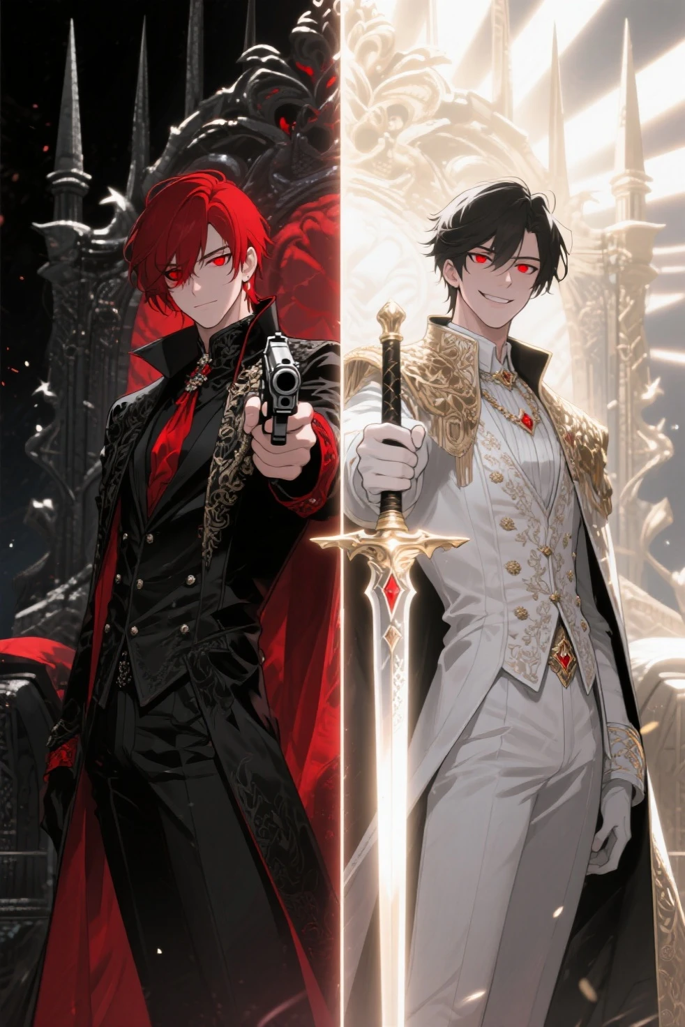 (Masterpiece: 1.2, Best Quality), 1 person, adult, mature, tall muscular male, red hair, reddish brown eyes, (handsome: 1.4), black suit, fantasy, uniform, futuristic technology, fighter jets, sunshine, scenery, extremely detailed face, portrait