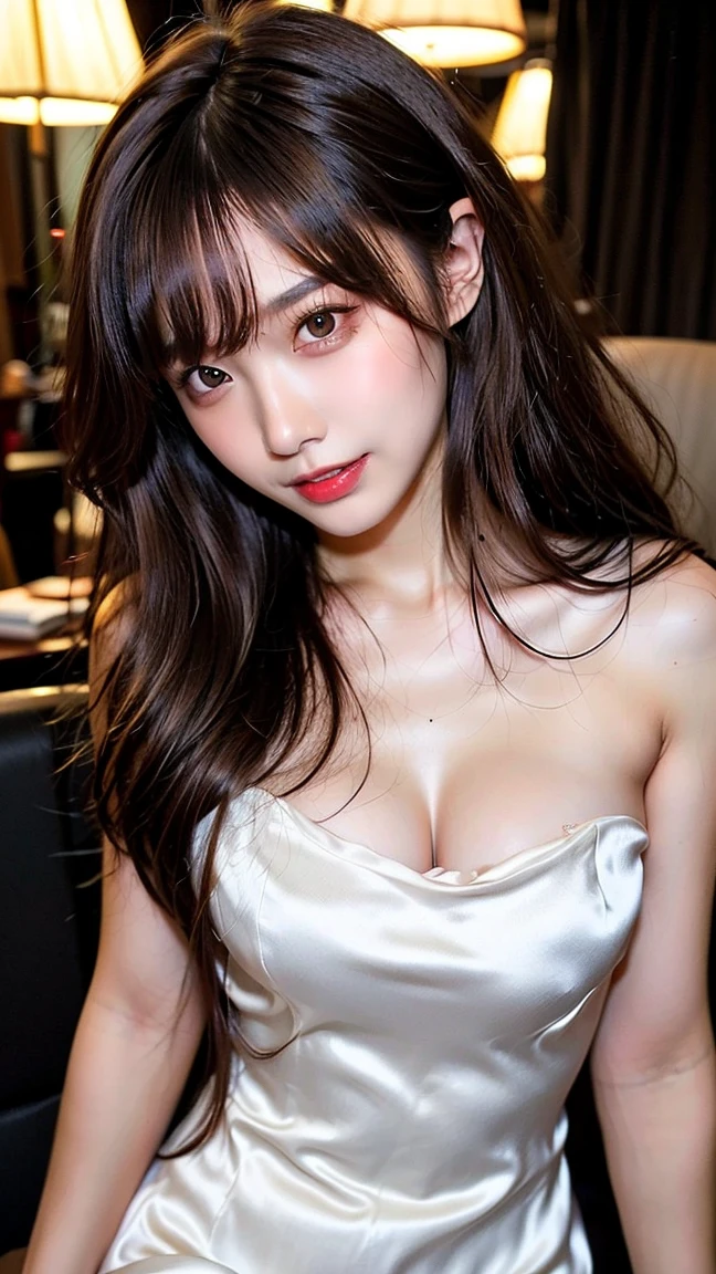 masutepiece, Best Quality, Illustration, Ultra-detailed, finely detail, hight resolution, 8K Wallpaper, Perfect dynamic composition, Beautiful detailed eyes, She is a hostess , Full body, in a hostess bar, Sexy face, cleavage